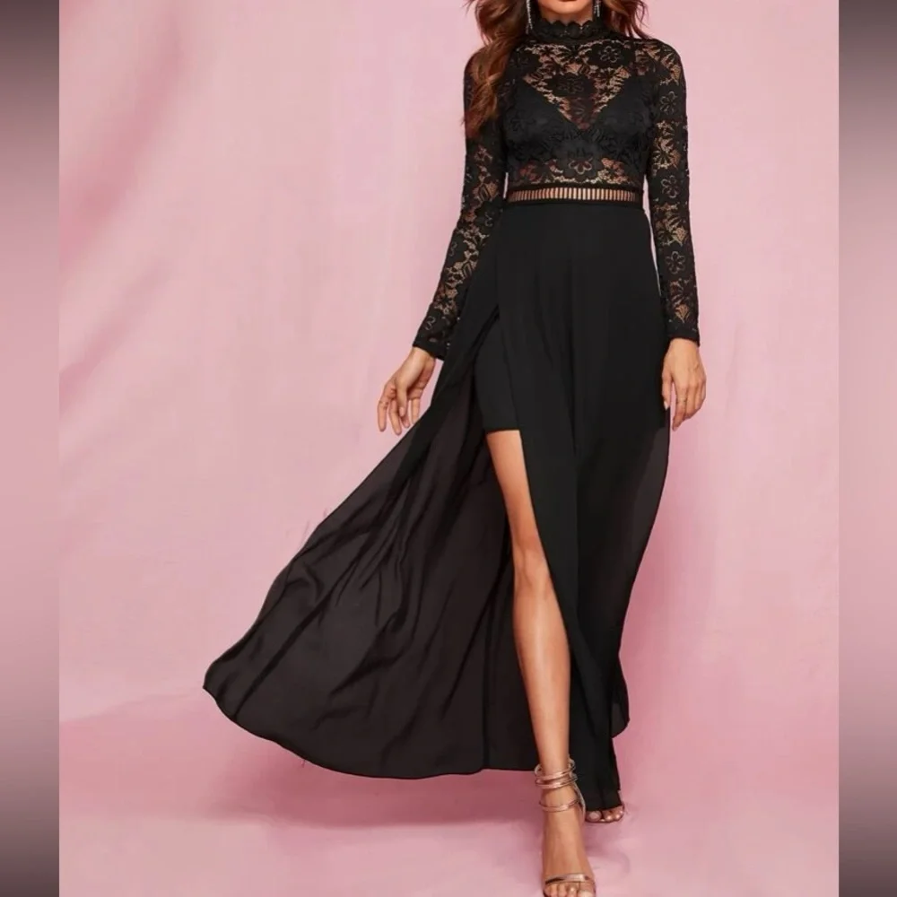 Boho black lace insert slit thigh maxi dress